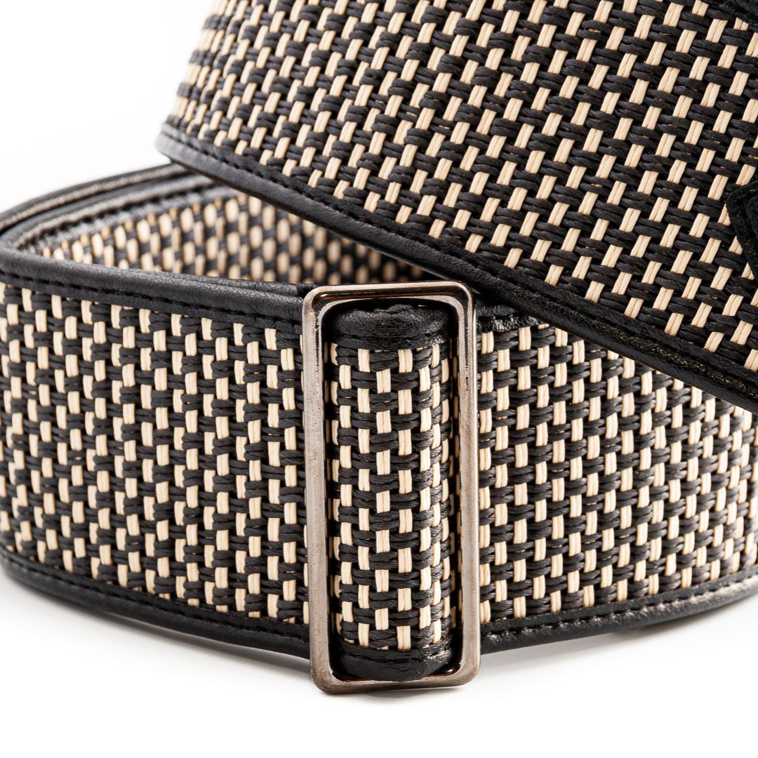 Close up view of RightOn Salt & Pepper II Guitar Strap on white background