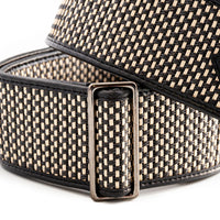 Close up view of RightOn Salt & Pepper II Guitar Strap on white background