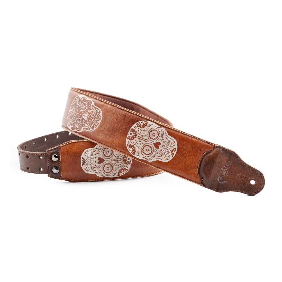 Curled view of RightOn Sugar Skulls Guitar Strap Light Brown on white background