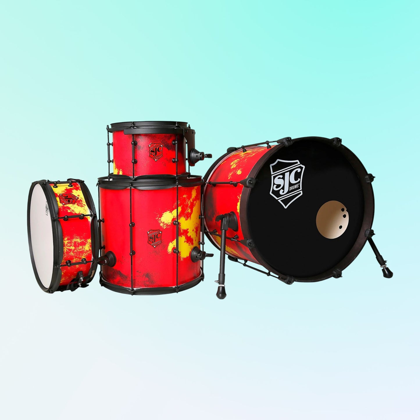 Inclusions of SJC Drums Josh Dun The Ned Kit 4-Piece Kit on blue background