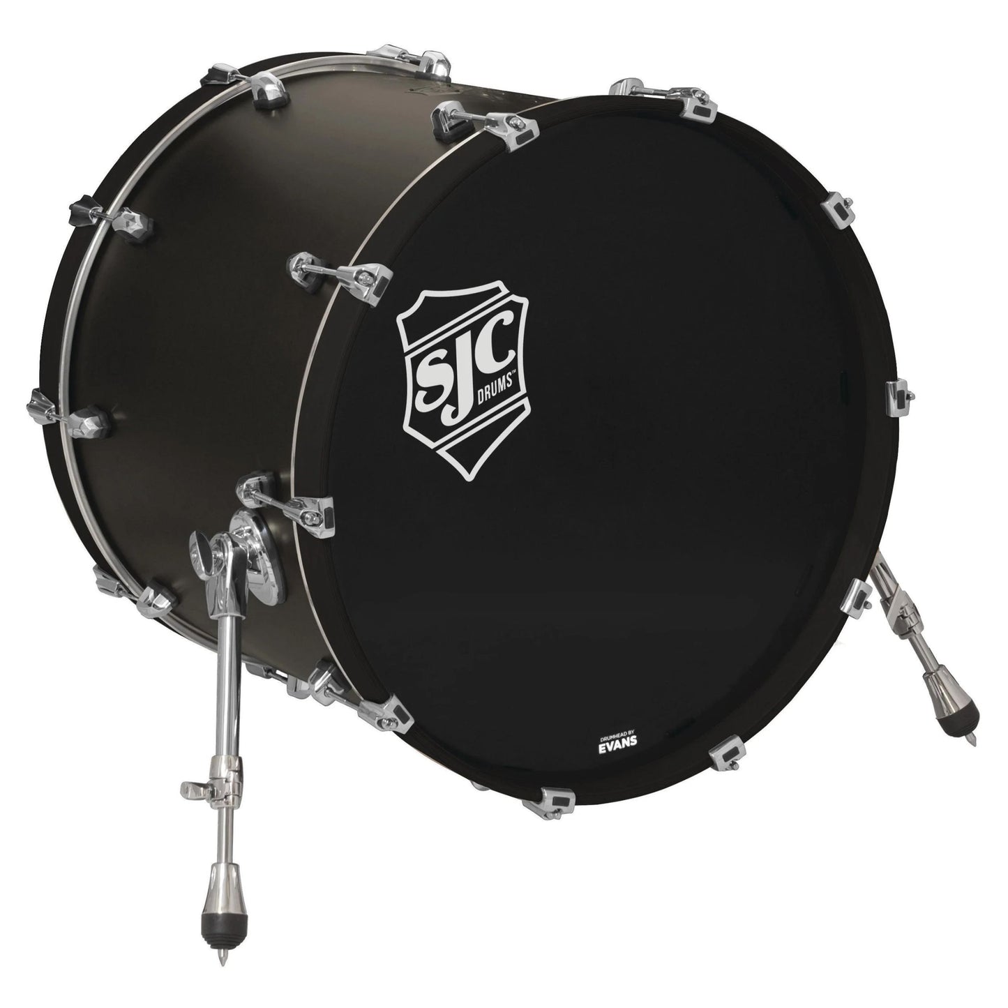 Angled view of SJC Drums Navigator 18" x 22" Bass Drum Ghost Black on white background