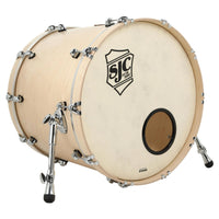 Angled front view of SJC Drums Tour 18" x 22" Bass Drum Natural on white background
