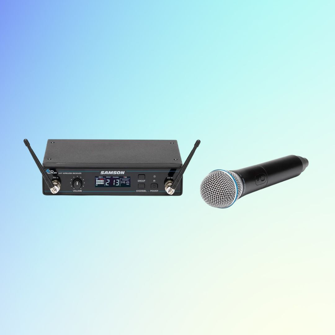 Samson wireless microphone transmitter and receiver on a gradient blue background