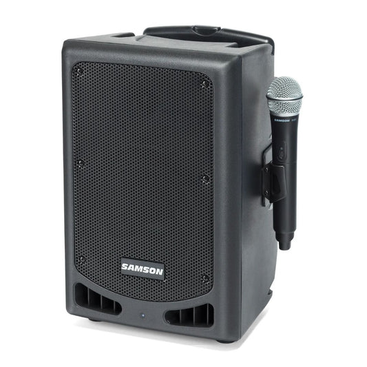 Black Samson speaker with a microphone attached on a white background