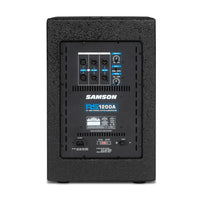 Back view of a Samson RS1200A audio equipment on a white background