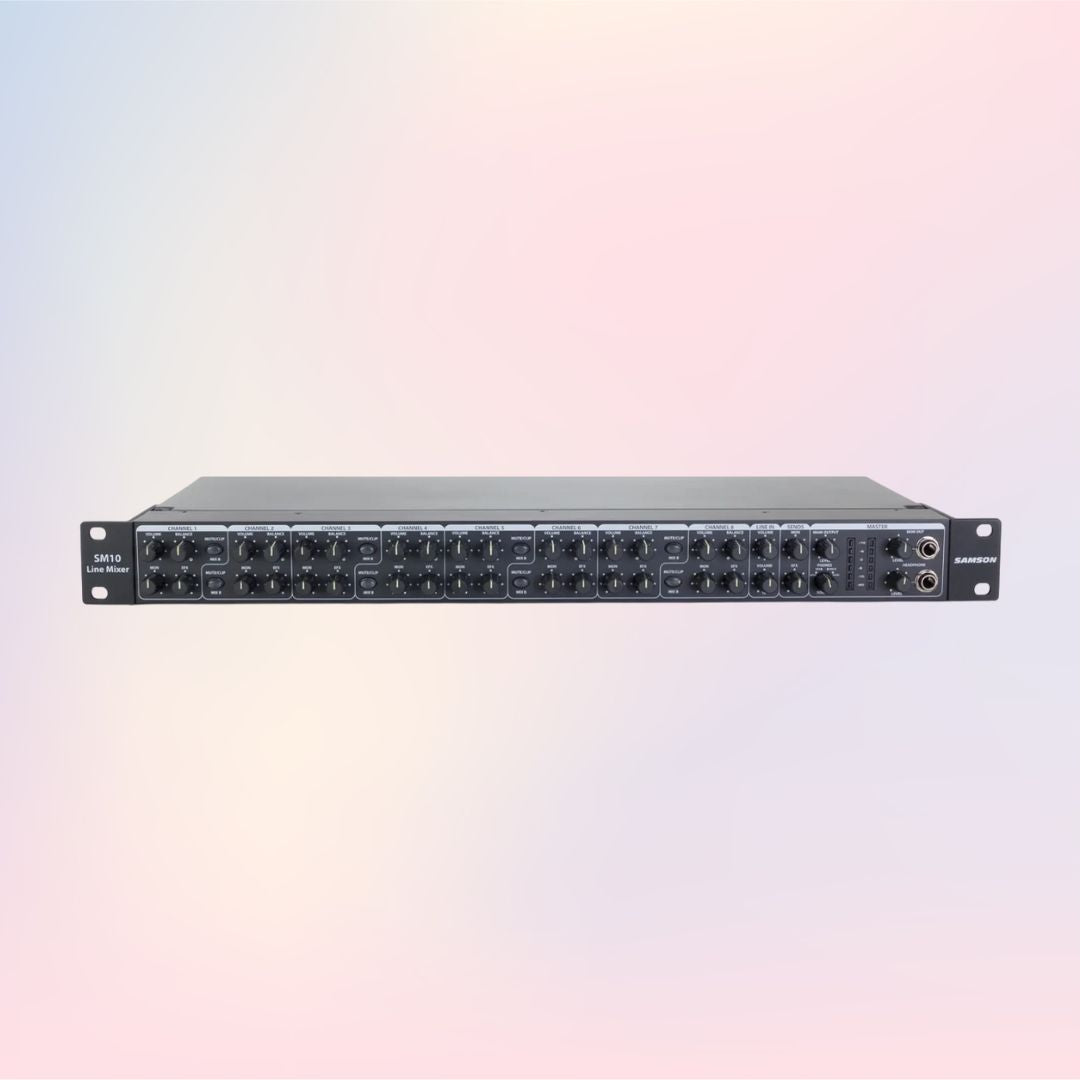 Audio rack mount equipment with multiple inputs and outputs on a gradient background