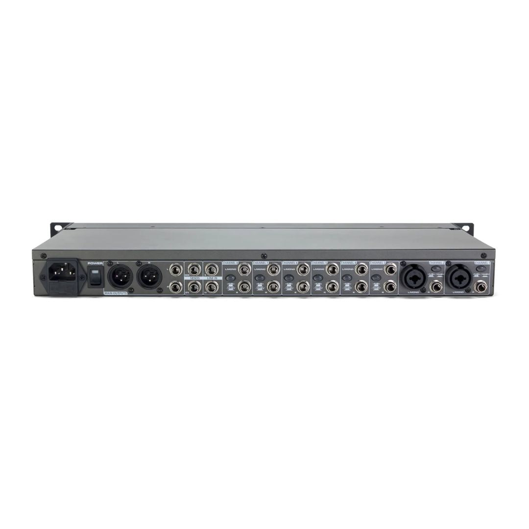 Back view of a audio rack with multiple inputs and outputs on a white background