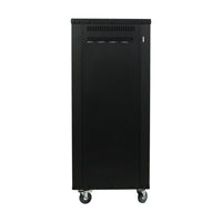 Black server rack with wheels on a white background