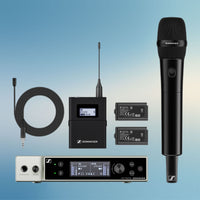 Inclusions of Sennheiser EW-DX MKE 2 / 835-S Set Wireless Microphone System on blue background