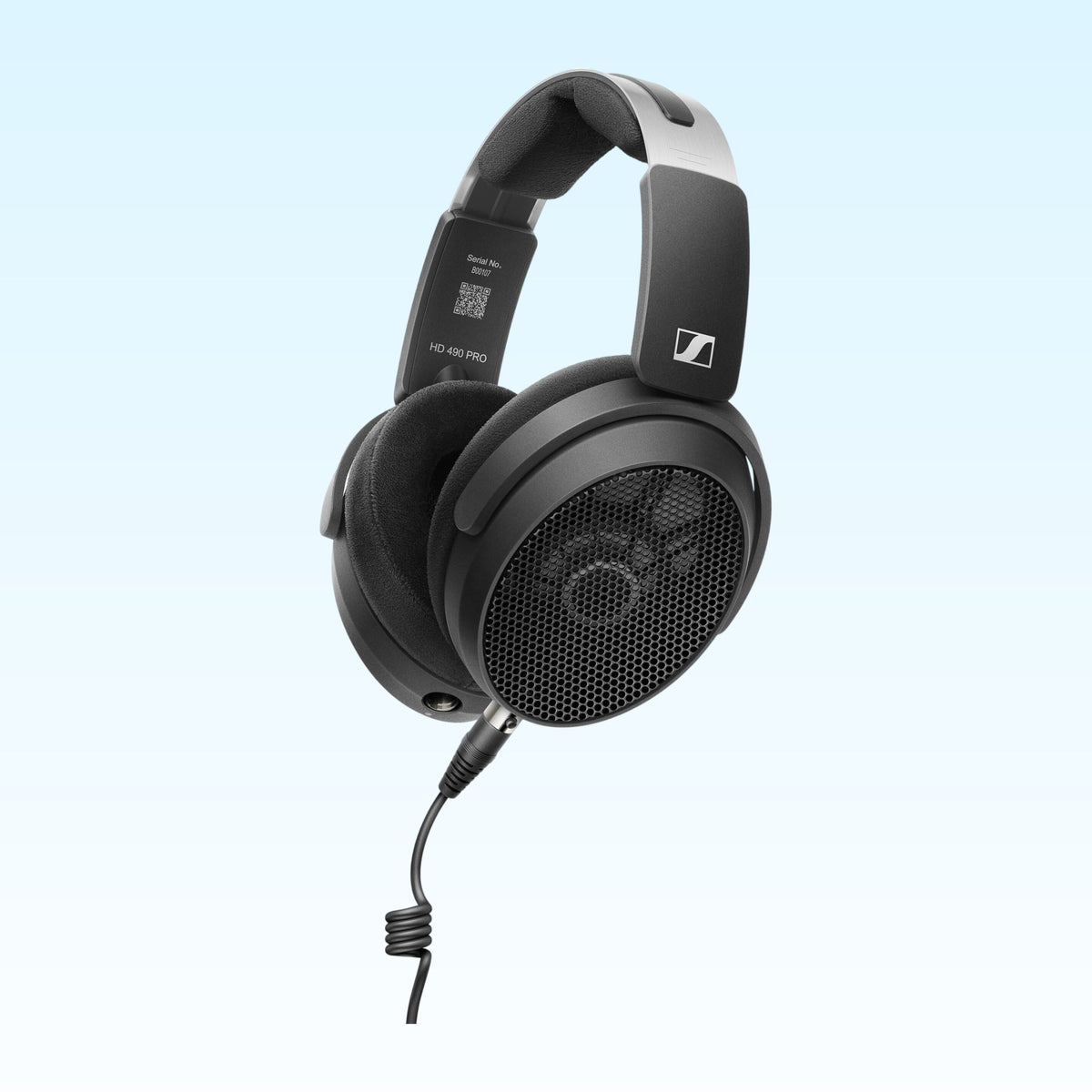 Angled view of Sennheiser HD 490 PRO Headphones on blue background