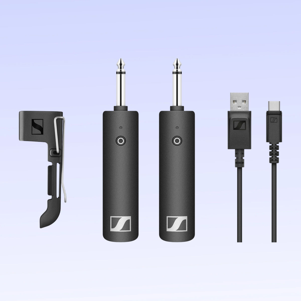 Inclusions of Sennheiser XSW-D Instrument Base Set Wireless System on purple background