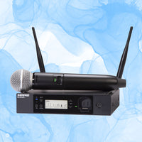 Inclusions of Shure GLXD24R+/SM58 Digital Wireless Rack System on blue background