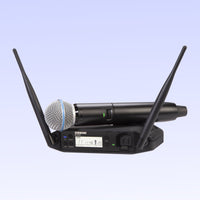Inclusions of Shure GLXD24+/B58 Digital Wireless Handheld System on purple background