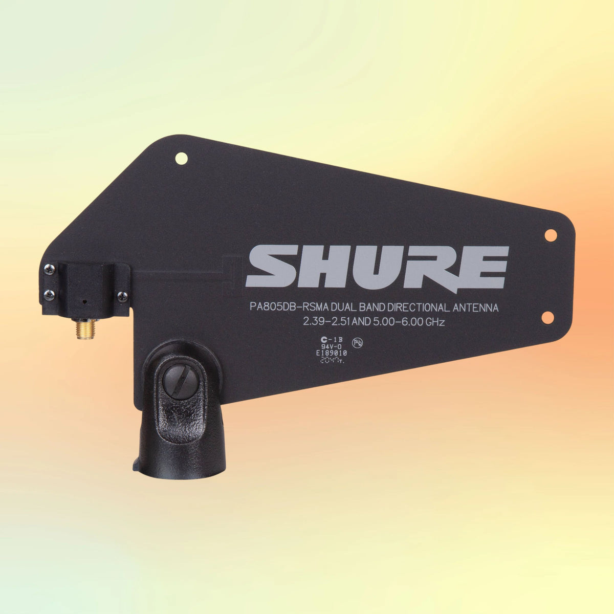 Side view of Shure PA805DB-RSMA Passive Dual Band Directional Antenna on yellow and orange gradient background