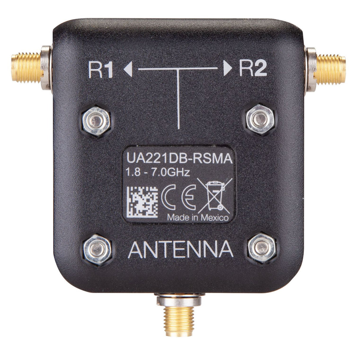 Rear view of Shure UA221DB-RSMA Dual Band Passive Antenna Splitter on white background