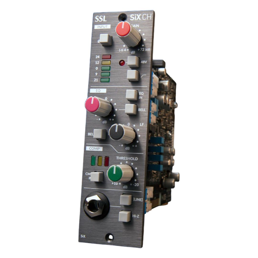 Angled front view of Solid State Logic SiX CH Module 500 Series on white background