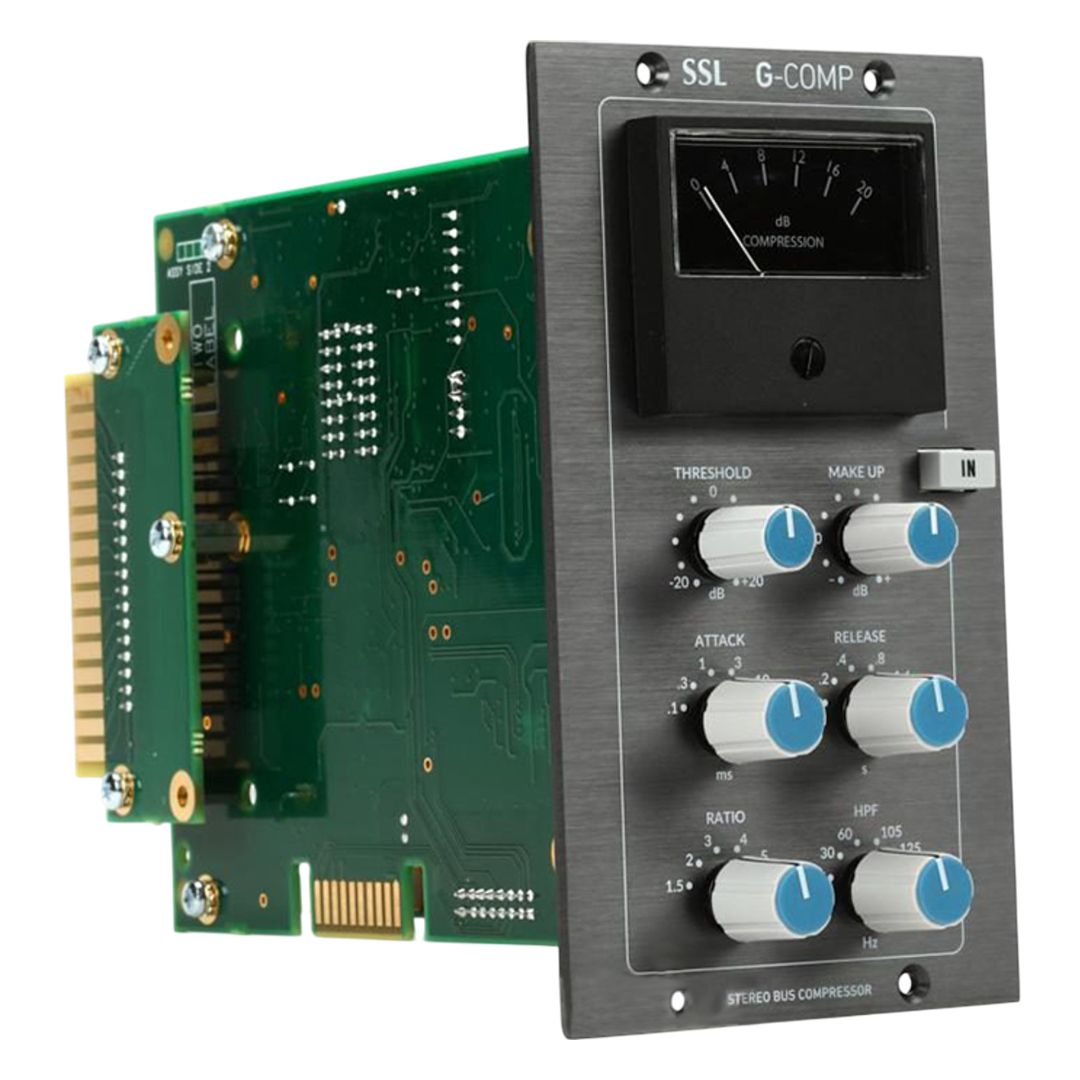 Angled view of Solid State Logic Stereo Bus Compressor Module 500 Series on white background