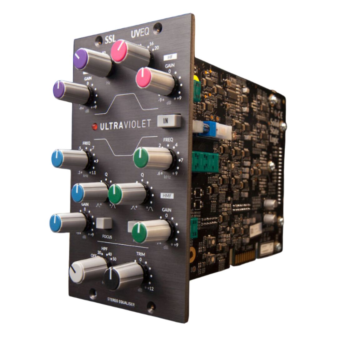 Angled front view of Solid State Logic UV EQ Module 500 Series on white background