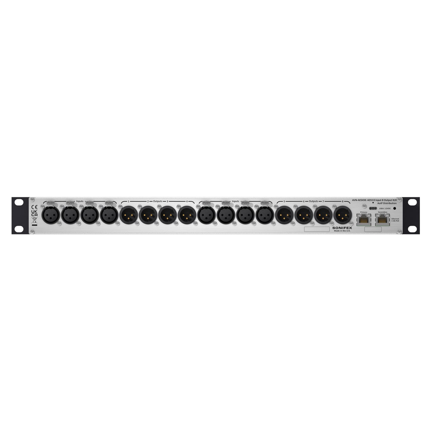 Rear ports view of Sonifex AVN-AESIO8-RAV 8-AES3 I/O XLR RAVENNA Interface on white background