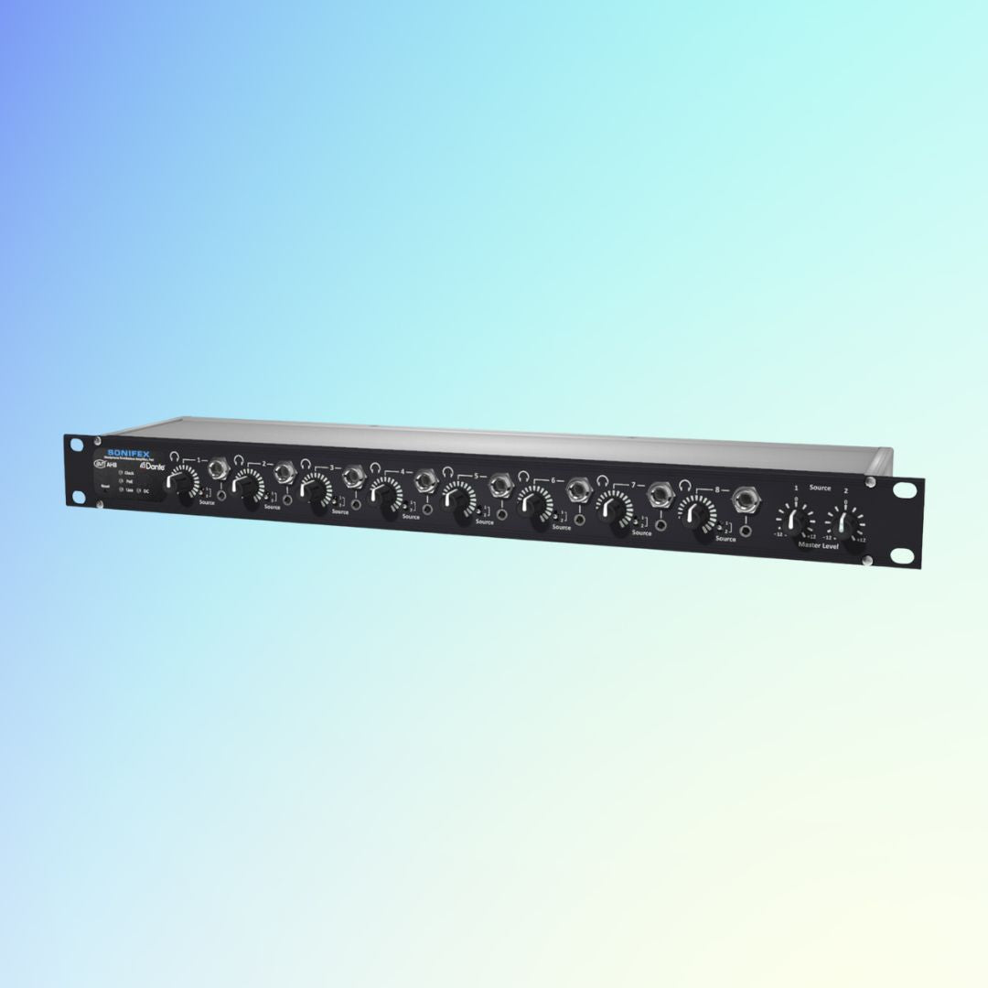 Angled front panel view of Sonifex AVN-AH88 on blue background