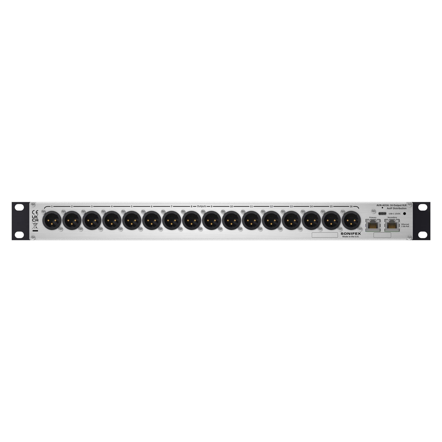 Rear ports view of Sonifex AVN-AO16-DNT 16-Output XLR Dante Interface on white background