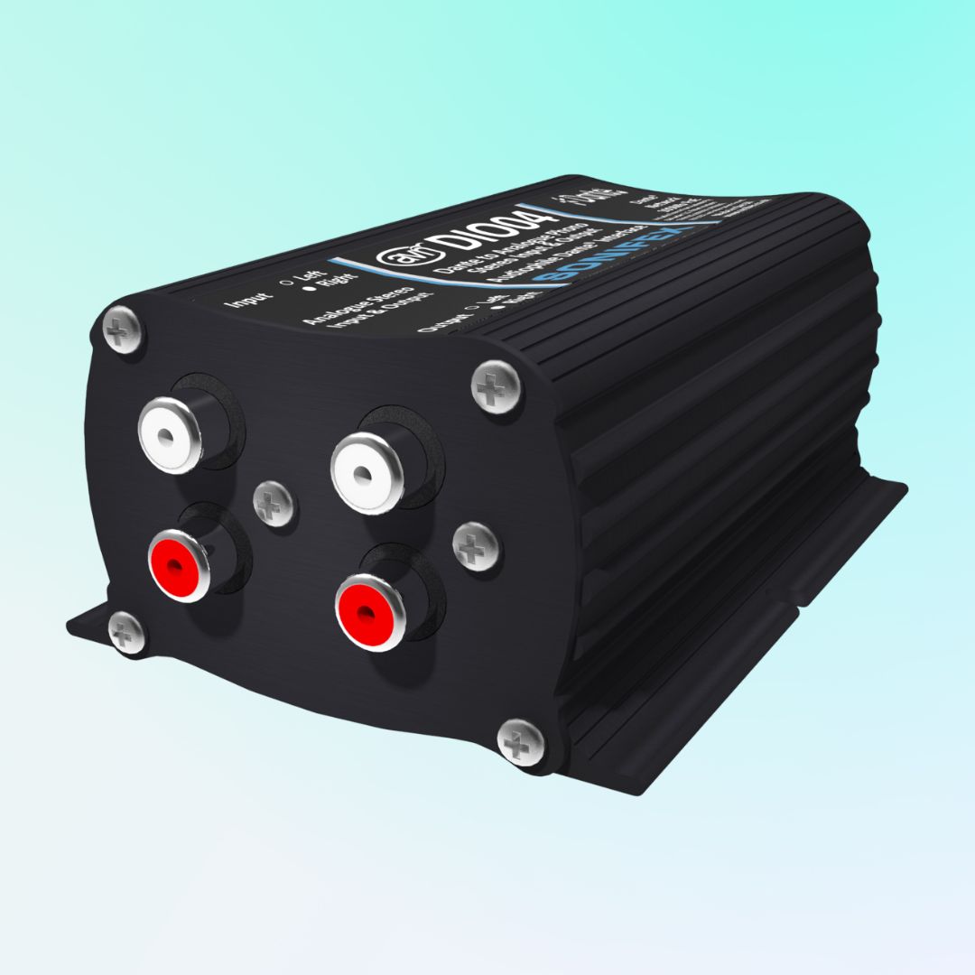 Angled view of Sonifex AVN-DIO04 on light blue background
