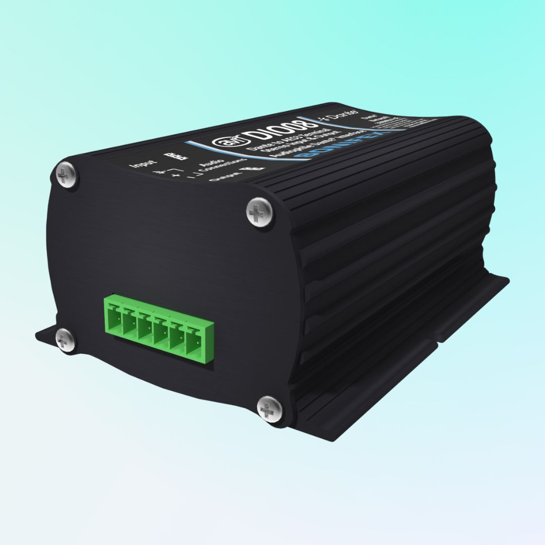 Angled front view of Sonifex AVN-DIO08 on blue background