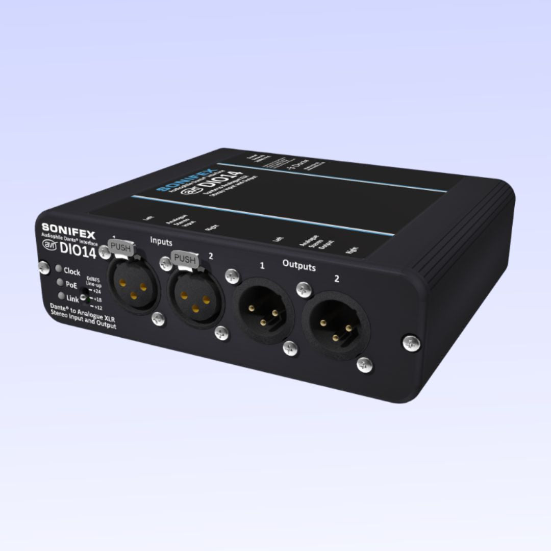 Angled front view of Sonifex AVN-DIO14 on lavender background
