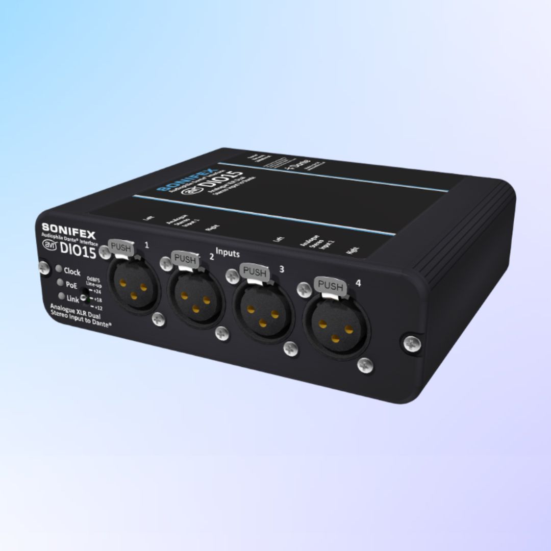 Angled front view of Sonifex AVN-DIO15 on blue background