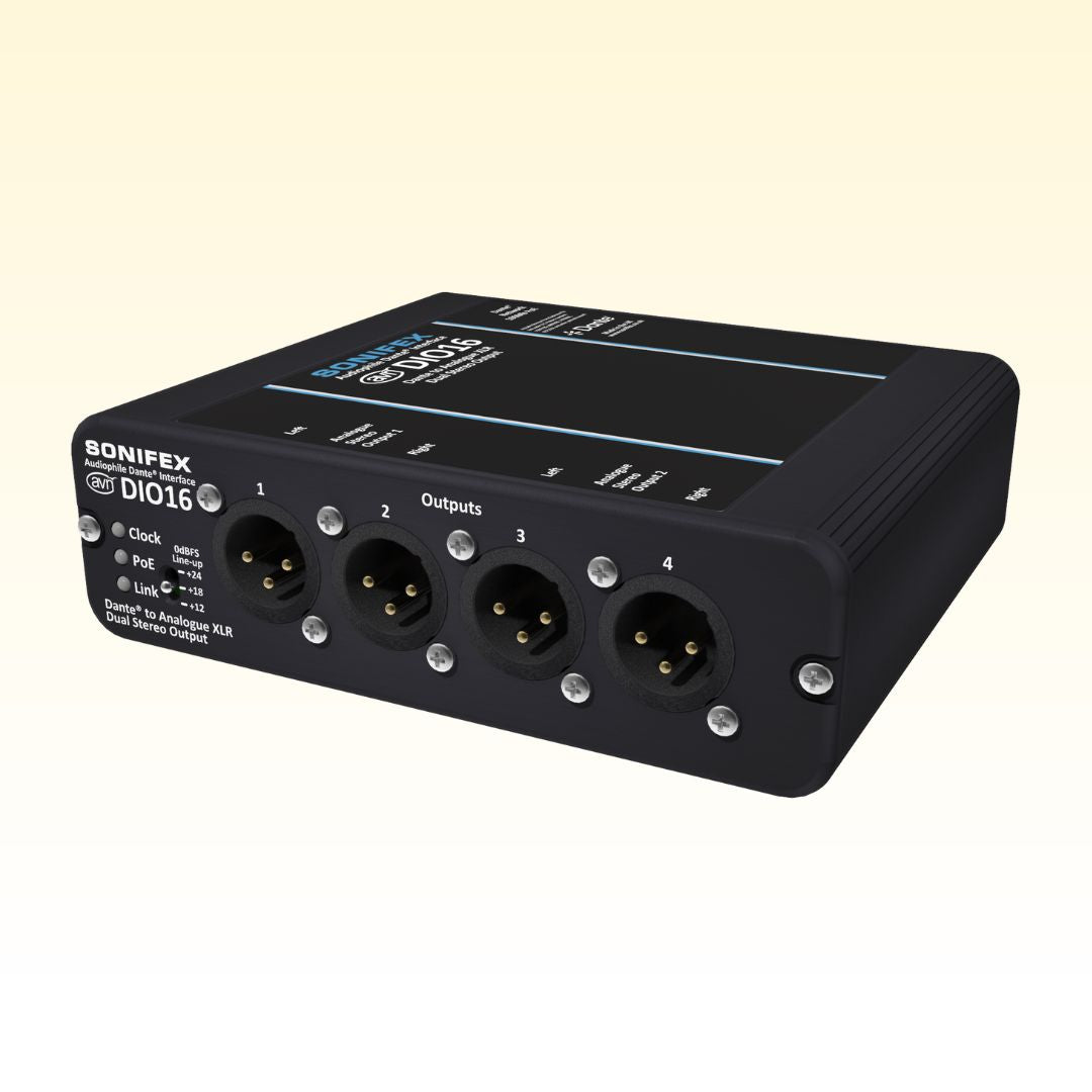 Angled front view of Sonifex AVN-DIO16 on yellow background