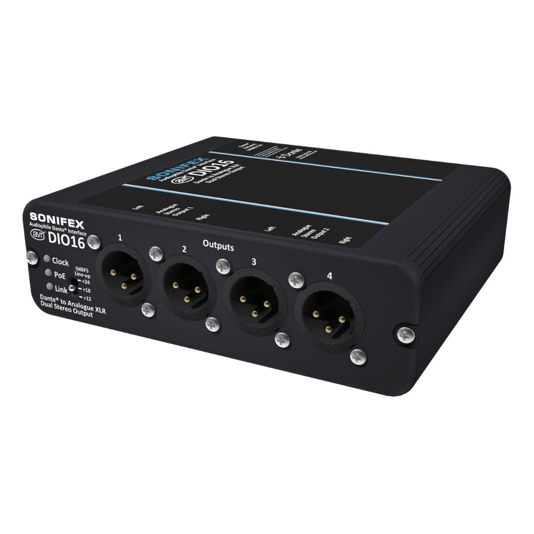 Angled front view of Sonifex AVN-DIO16 on white background
