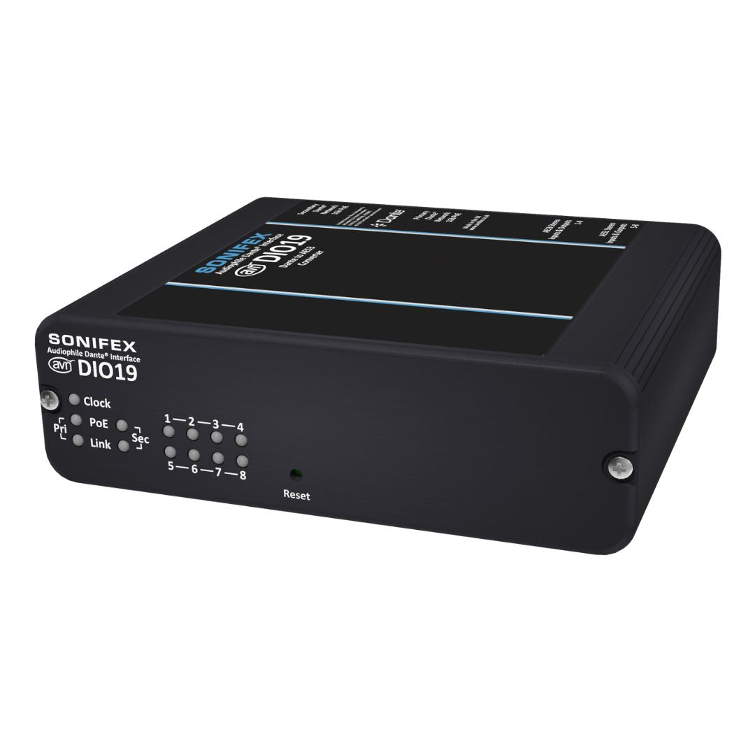 Angled front view of Sonifex AVN-DIO19 on white background