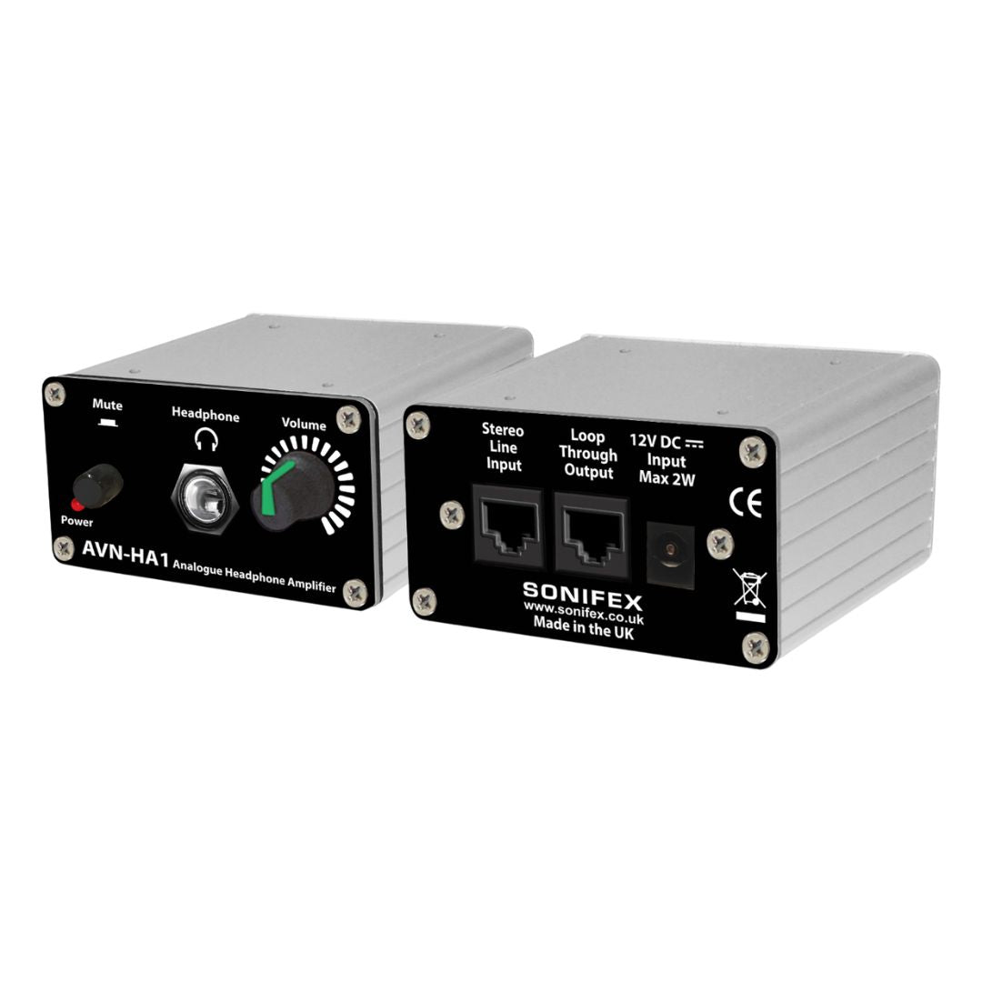 Pair of Sonifex AVN-HA1 side by side displaying front and rear panels on white background
