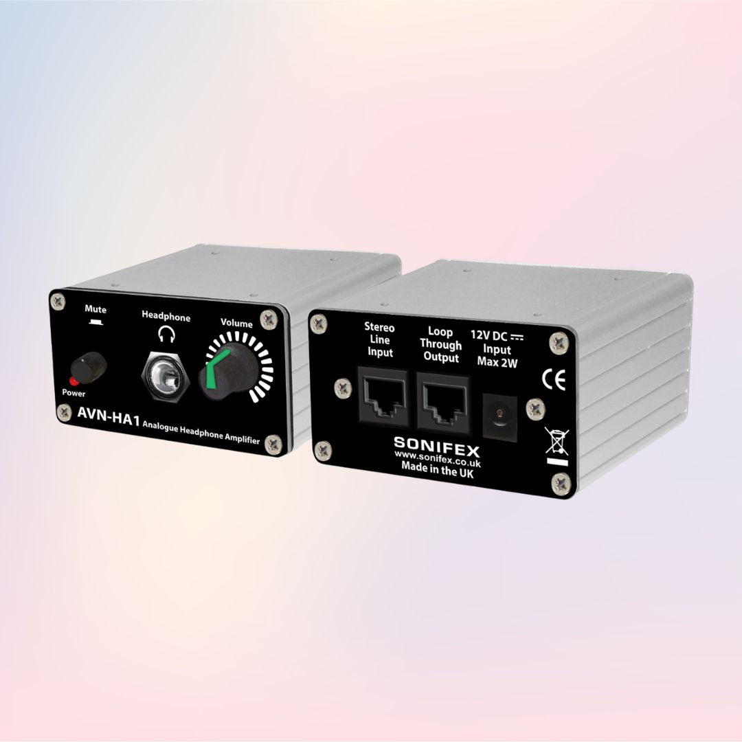Pair of Sonifex AVN-HA1 side by side displaying front and rear panels on pink background