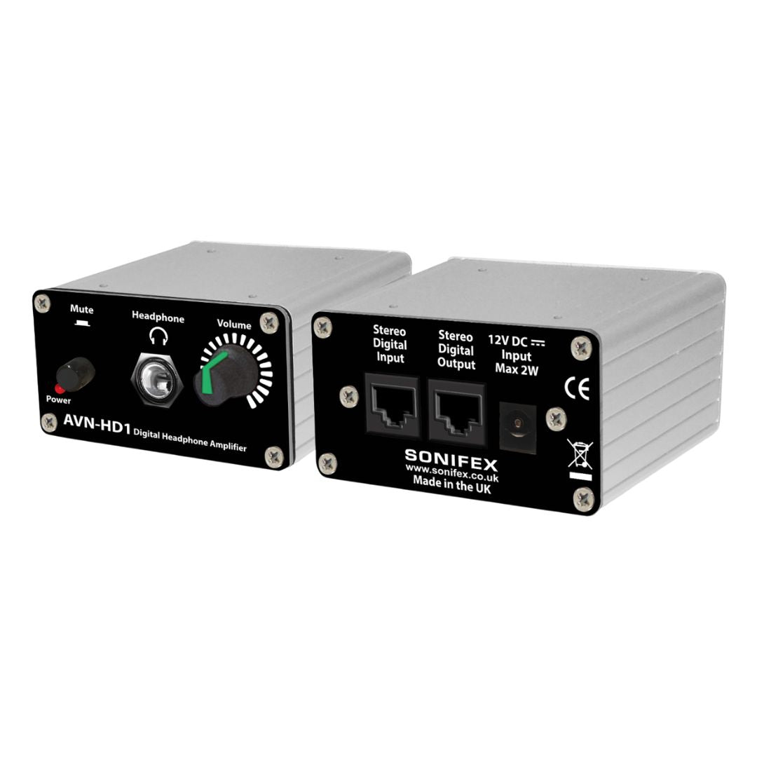 Pair of Sonifex AVN-HD1 side by side displaying front and rear panels on white background