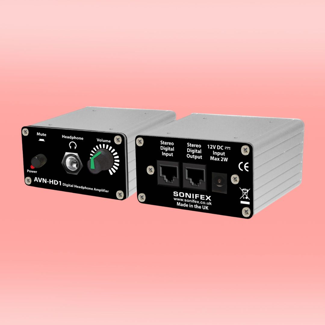 Pair of Sonifex AVN-HD1 side by side displaying front and rear panels on pink background