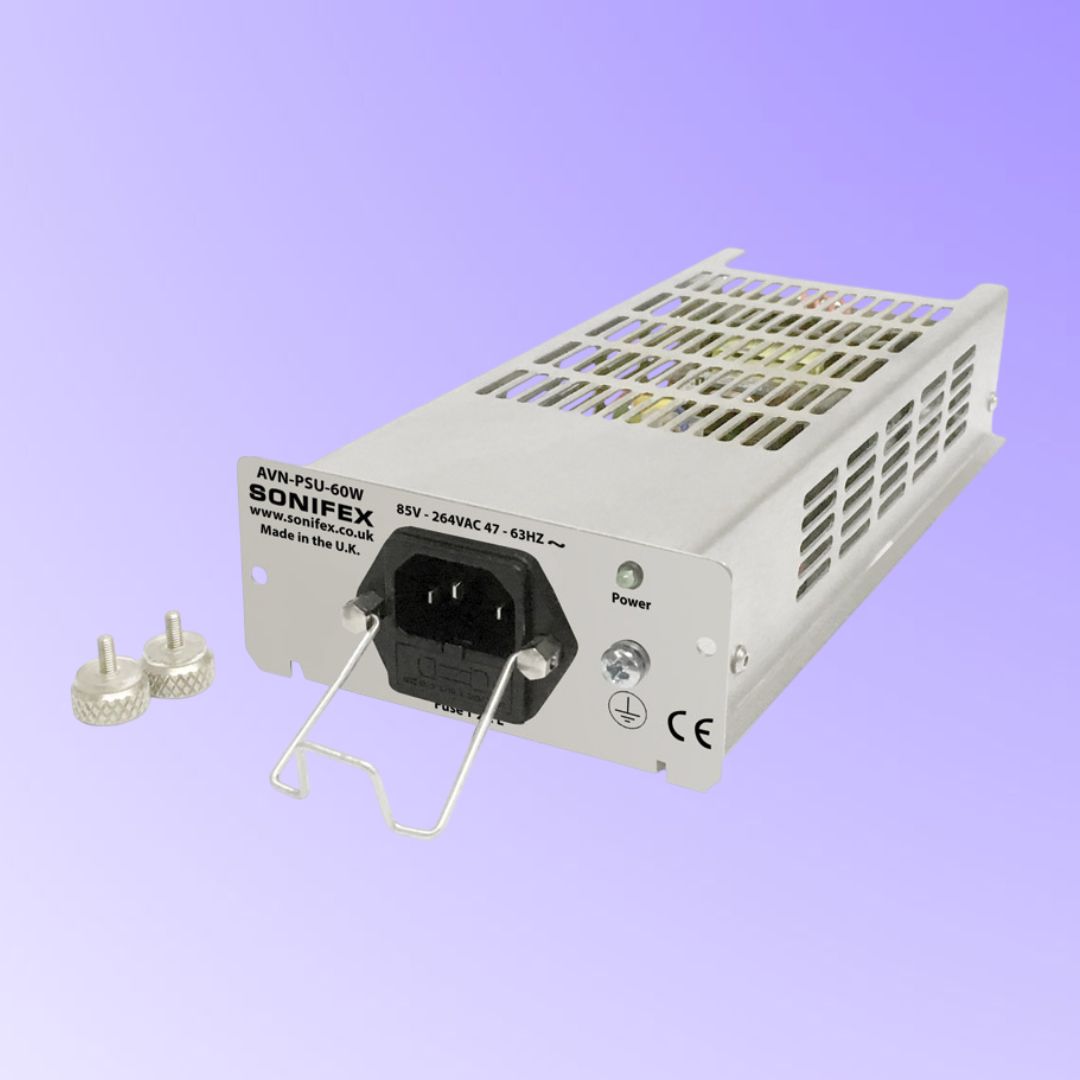 Angled front view of Sonifex AVN-PSU-60W on purple background