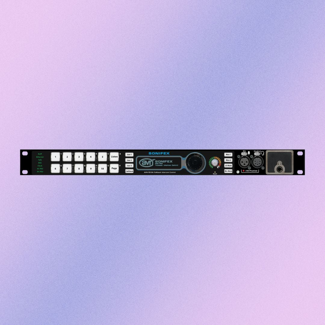 Front view of Sonifex AVN-TB10AR on purple gradient background