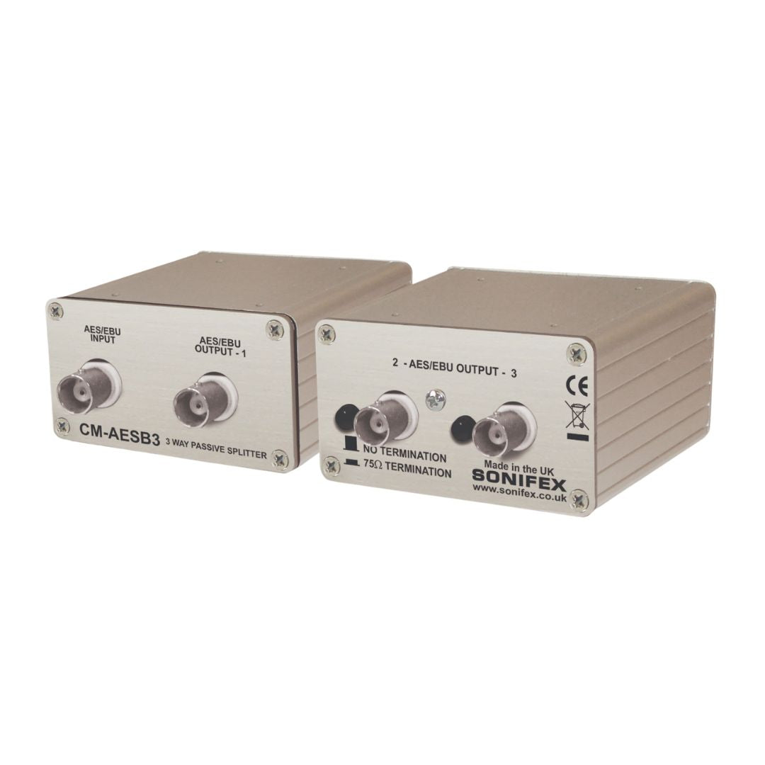 Pair of Sonifex CM-AESB3 side by side showing its front and rear panels on white background