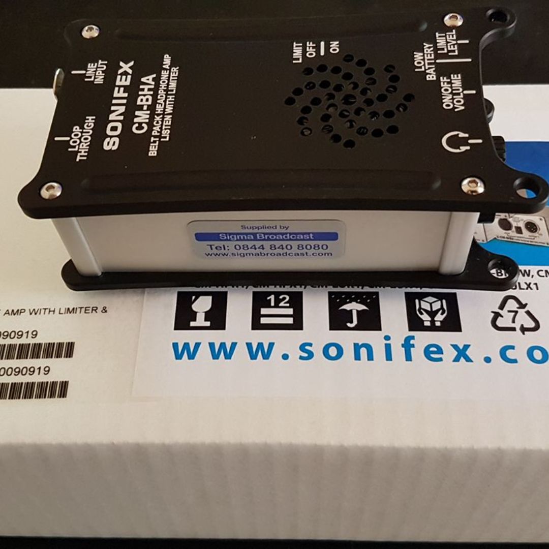 Sonifex CM-BHA on top of its box on a black desk