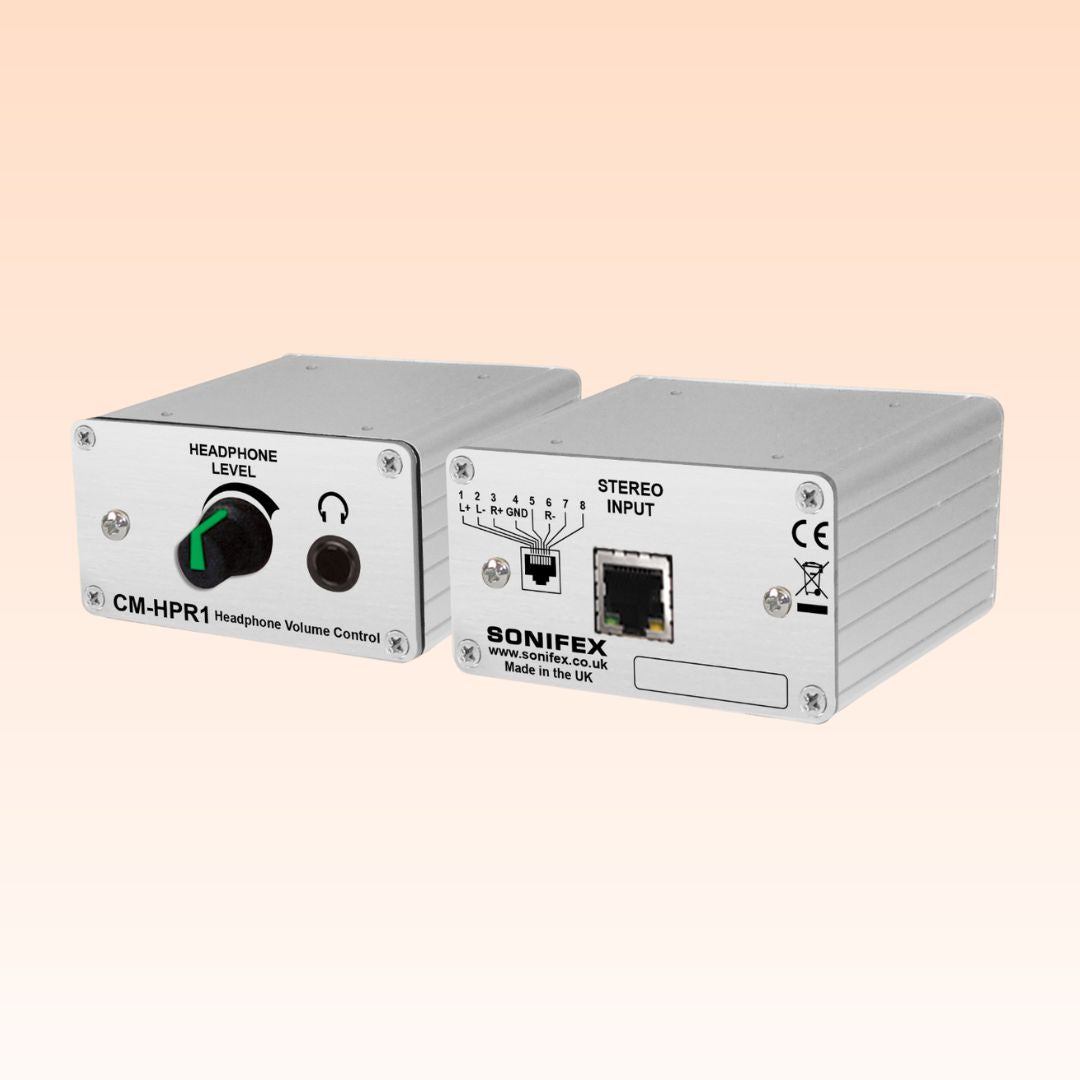 Pair of Sonifex CM-HPR1 side by side displaying front and rear panels on orange background