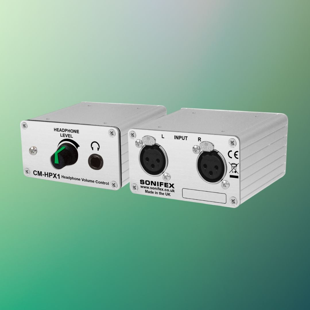 Pair of Sonifex CM-HPX1 side by side displaying front and rear panels on green background
