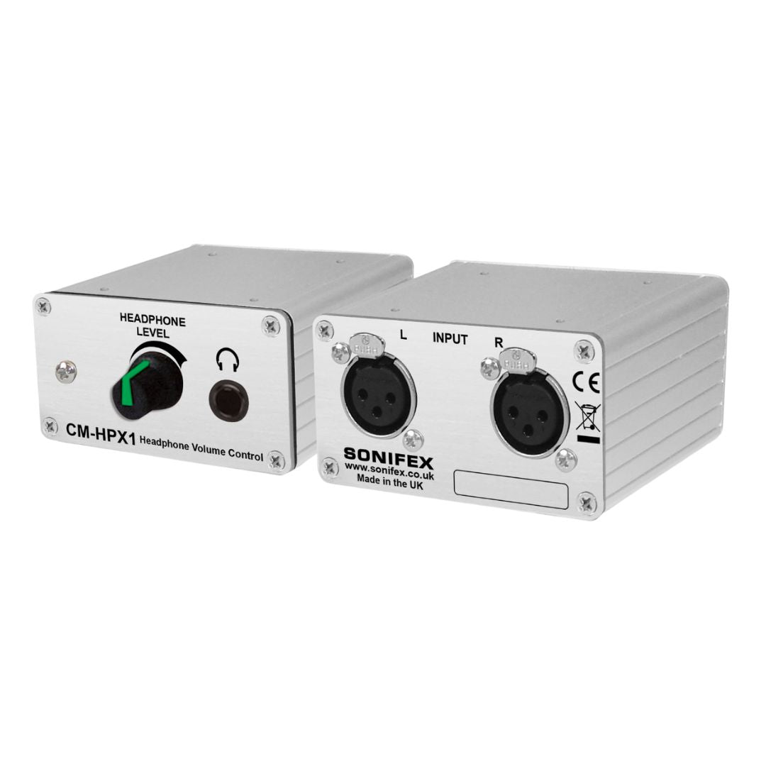 Pair of Sonifex CM-HPX1 side by side displaying front and rear panels on white background