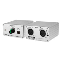 Pair of Sonifex CM-HPX1 side by side displaying front and rear panels on white background