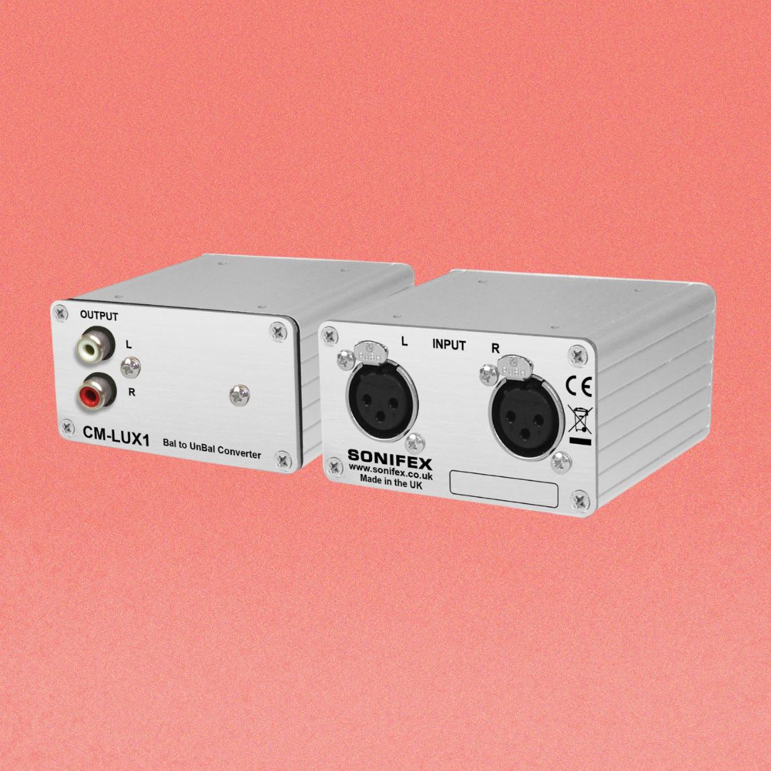 Pair of Sonifex CM-LUX1 side by side displaying front and rear panels on peach pink background