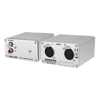 Pair of Sonifex CM-LUX1 side by side displaying front and rear panels on white background