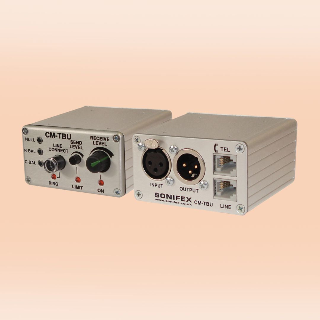 Pair of Sonifex CM-TBU side by side showing front and rear panels on orange background