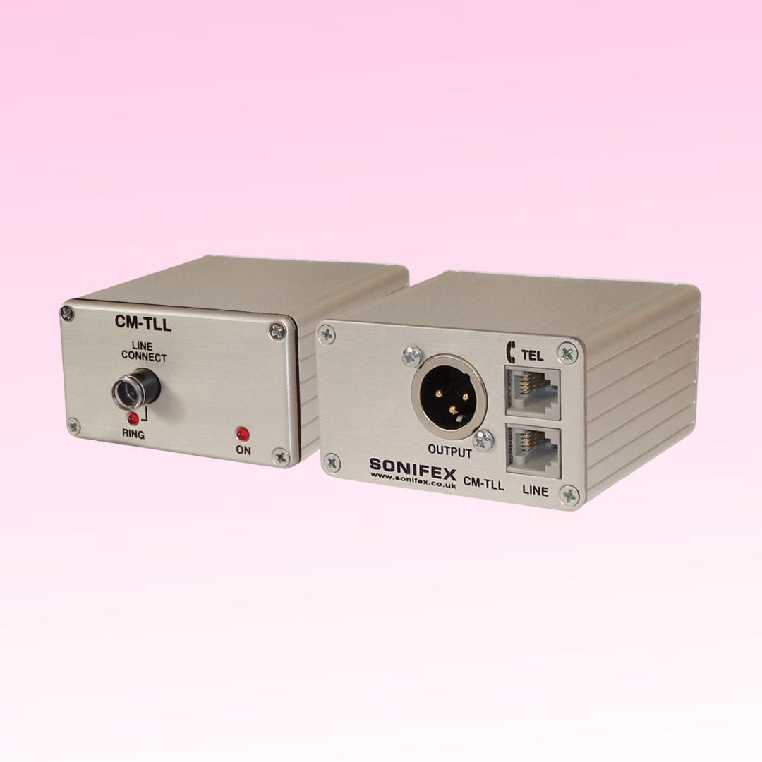 Pair of Sonifex CM-TLL DI boxes showing the rear and front panels with a light pink background