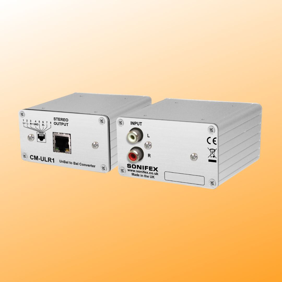 Pair of Sonifex CM-ULR1 side by side displaying front and rear panels on orange background