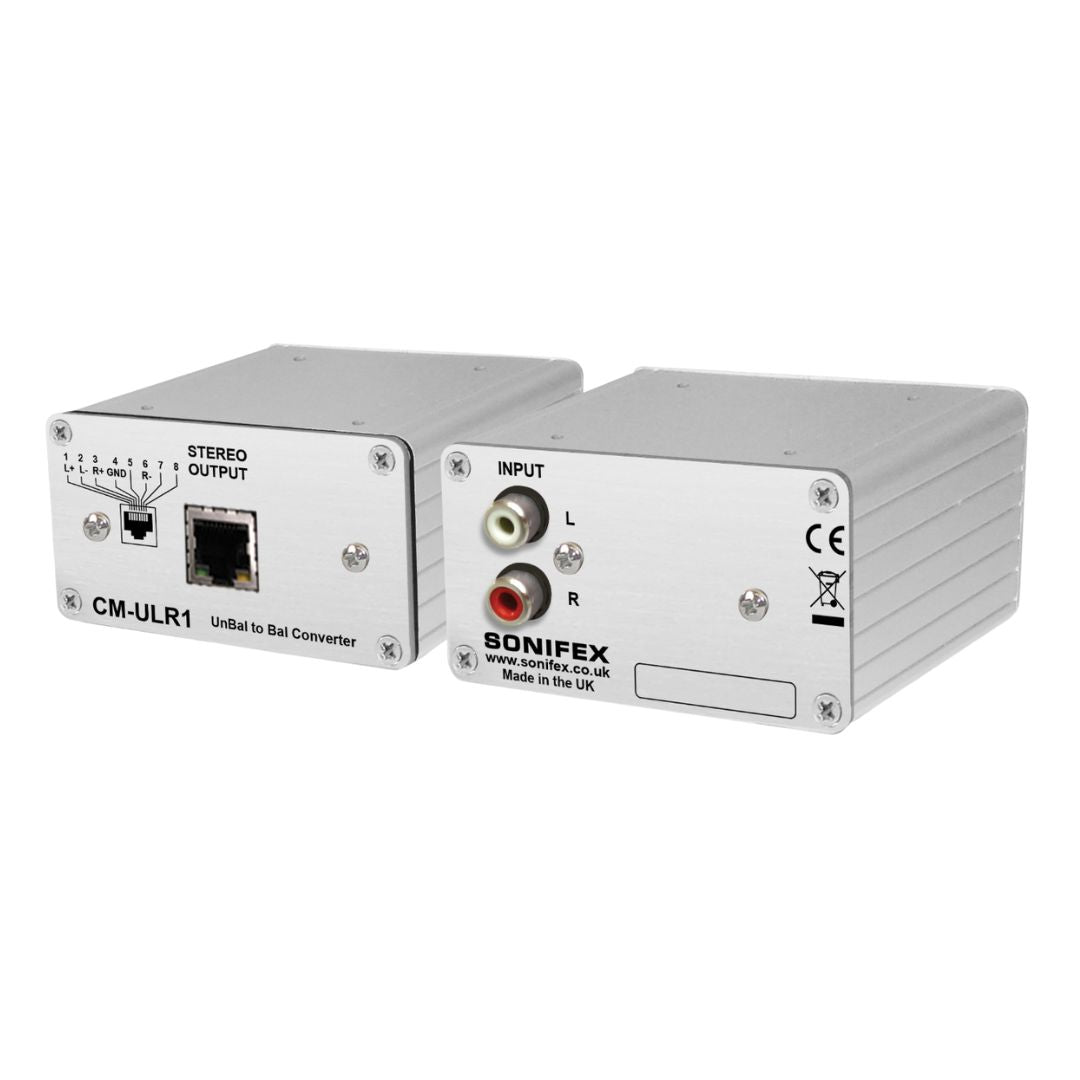 Pair of Sonifex CM-ULR1 side by side displaying front and rear panels on white background